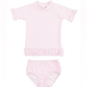 RuffleButts seersucker One Piece Rash guard Swimsuit 6/9m